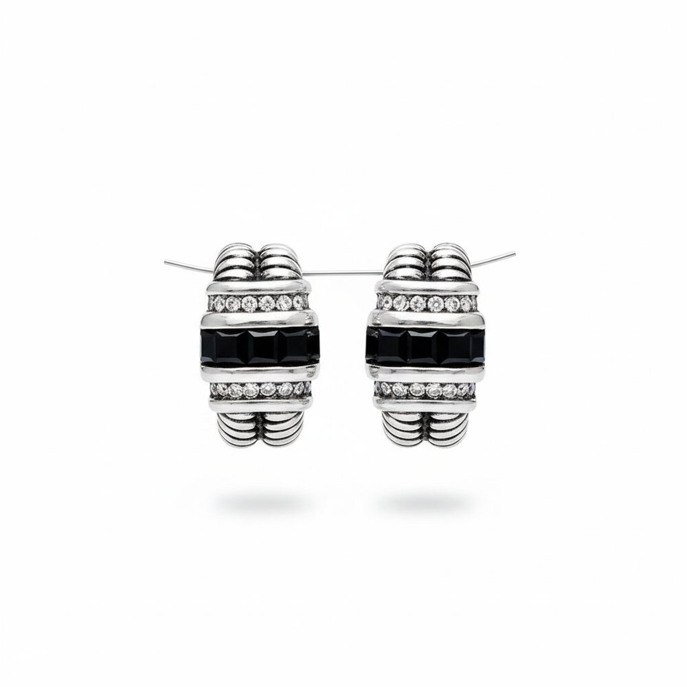 Ribbed Cable Huggie Hoop Earrings Silver Black Onyx Rhinestone Chunky